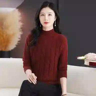 恒源祥 休闲简约气质时尚半高领纯色波浪纹路长袖针织衫 女款