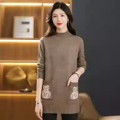 恒源祥 气质简约纯色印花半高领中长款长袖针织衫 女款