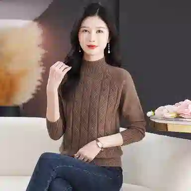 恒源祥 休闲简约气质时尚半高领纯色波浪纹路长袖针织衫 女款