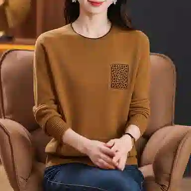 恒源祥 时尚百搭减龄圆领纯色印花质感羊毛针织衫 女款