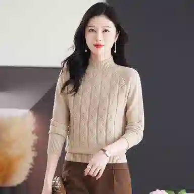 恒源祥 休闲简约气质时尚半高领纯色波浪纹路长袖针织衫 女款