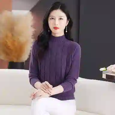 恒源祥 休闲简约气质时尚半高领纯色波浪纹路长袖针织衫 女款