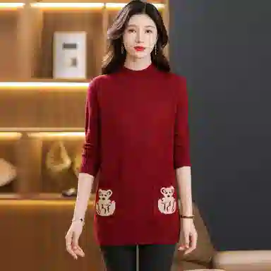 恒源祥 气质简约纯色印花半高领中长款长袖针织衫 女款