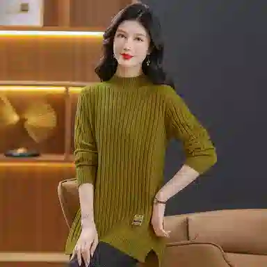 恒源祥 修身显瘦半高领纯色质感中长款长袖针织衫 女款