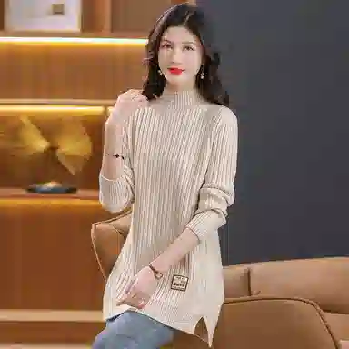 恒源祥 修身显瘦半高领纯色质感中长款长袖针织衫 女款