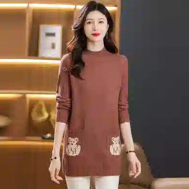 恒源祥 气质简约纯色印花半高领中长款长袖针织衫 女款