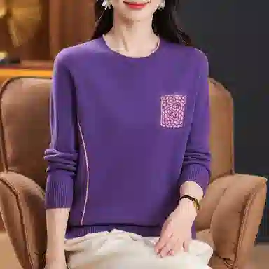 恒源祥 时尚百搭减龄圆领纯色印花质感羊毛针织衫 女款