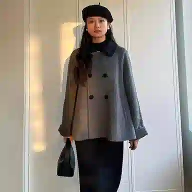 桴生 撞色翻领复古纯色双排扣长袖舒适加厚毛呢大衣 女 灰色