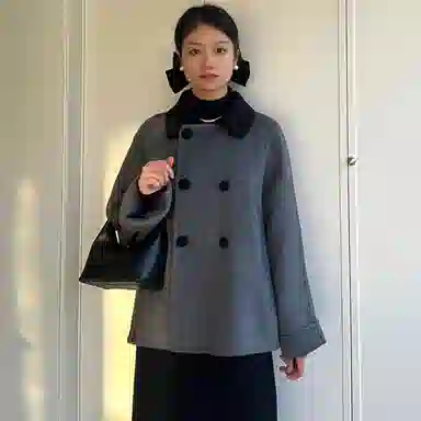 桴生 撞色翻领复古纯色双排扣长袖舒适加厚毛呢大衣 女 灰色