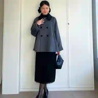 桴生 撞色翻领复古纯色双排扣长袖舒适加厚毛呢大衣 女 灰色