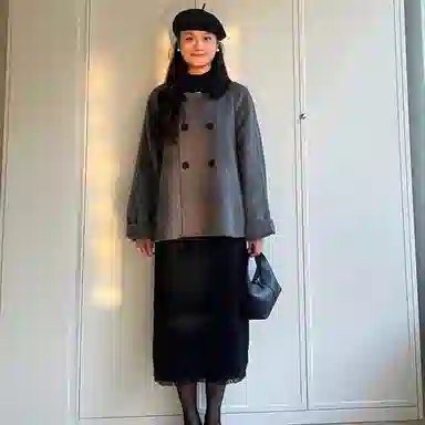 桴生 撞色翻领复古纯色双排扣长袖舒适加厚毛呢大衣 女 灰色