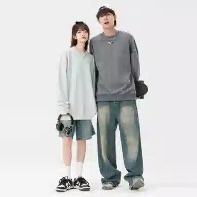 快鱼 美式复古重磅麂皮绒基础款多巴胺色系纯色宽松套头圆领通勤户外百搭长袖休闲卫衣 通用