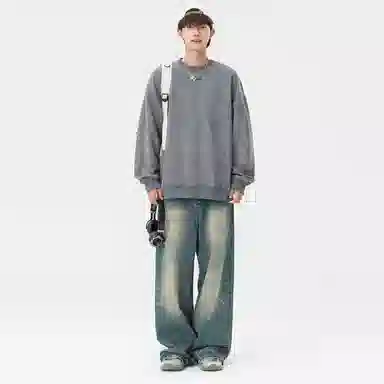 快鱼 美式复古重磅麂皮绒基础款多巴胺色系纯色宽松套头圆领通勤户外百搭长袖休闲卫衣 通用