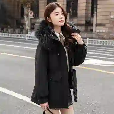 鸭鸭 小香风百搭连帽保暖中长款长袖羽绒服 女款