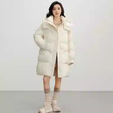 鸭鸭 连帽加厚中长款纯色拉链羽绒服 女款