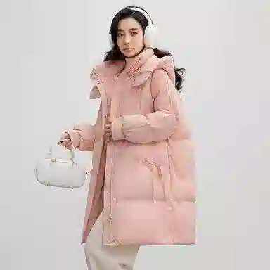 鸭鸭 连帽加厚中长款纯色拉链羽绒服 女款