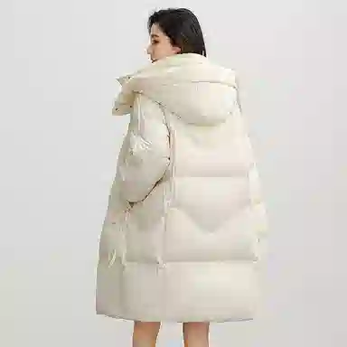 鸭鸭 连帽加厚中长款纯色拉链羽绒服 女款