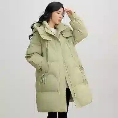 鸭鸭 连帽加厚中长款纯色拉链羽绒服 女款