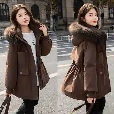 鸭鸭 小香风百搭连帽保暖中长款长袖羽绒服 女款