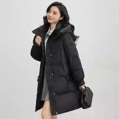 鸭鸭 连帽加厚中长款纯色拉链羽绒服 女款