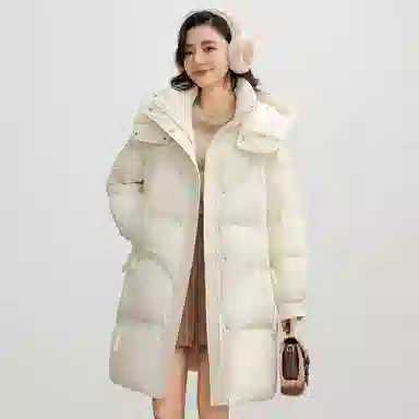 鸭鸭 连帽加厚中长款纯色拉链羽绒服 女款