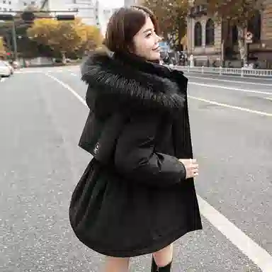 鸭鸭 小香风百搭连帽保暖中长款长袖羽绒服 女款