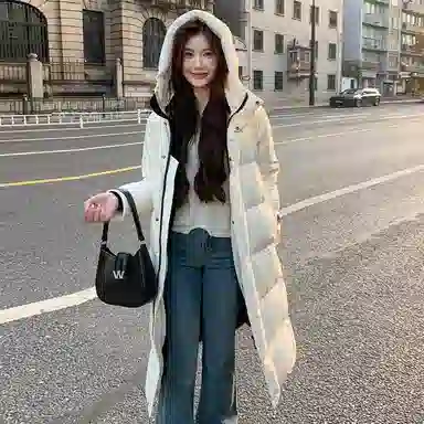 鸭鸭 连帽过膝保暖长款羽绒服 男女同款