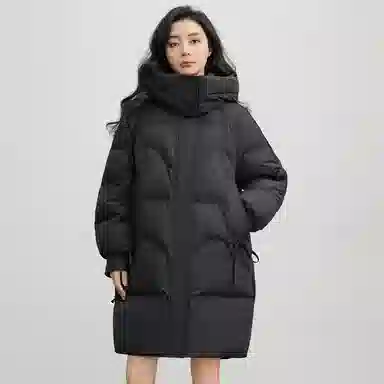 鸭鸭 连帽加厚中长款纯色拉链羽绒服 女款