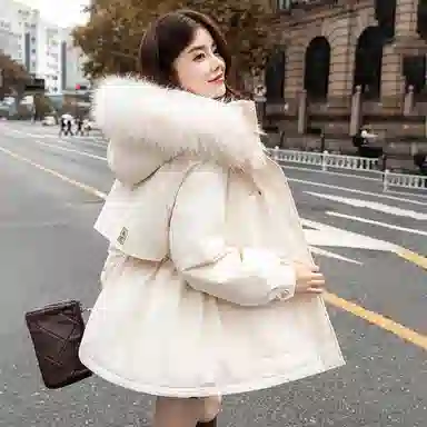 鸭鸭 小香风百搭连帽保暖中长款长袖羽绒服 女款