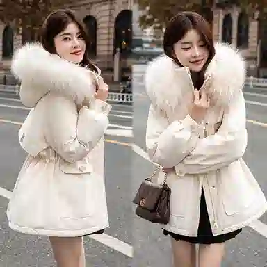 鸭鸭 小香风百搭连帽保暖中长款长袖羽绒服 女款