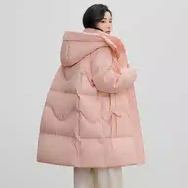 鸭鸭 连帽加厚中长款纯色拉链羽绒服 女款