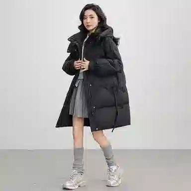 鸭鸭 连帽加厚中长款纯色拉链羽绒服 女款