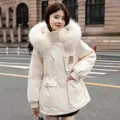 鸭鸭 小香风百搭连帽保暖中长款长袖羽绒服 女款