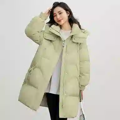鸭鸭 连帽加厚中长款纯色拉链羽绒服 女款