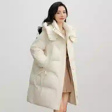 鸭鸭 连帽加厚中长款纯色拉链羽绒服 女款