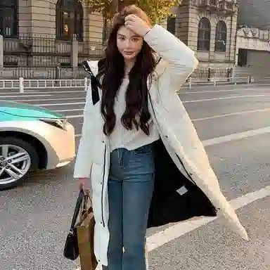 鸭鸭 连帽过膝保暖长款羽绒服 男女同款