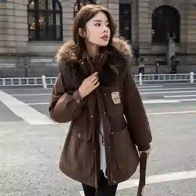 鸭鸭 小香风百搭连帽保暖中长款长袖羽绒服 女款