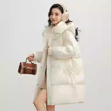 鸭鸭 连帽加厚中长款纯色拉链羽绒服 女款