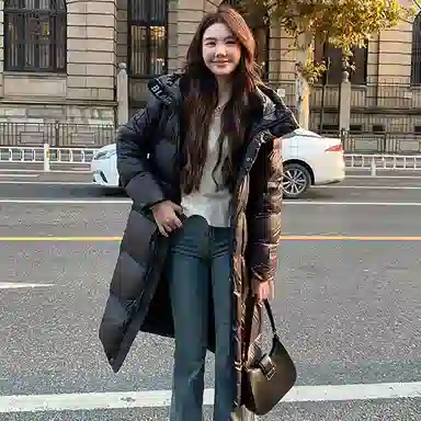 鸭鸭 连帽过膝保暖长款羽绒服 男女同款