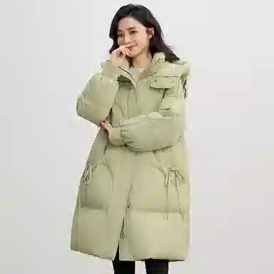 鸭鸭 连帽加厚中长款纯色拉链羽绒服 女款