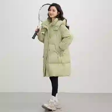 鸭鸭 连帽加厚中长款纯色拉链羽绒服 女款