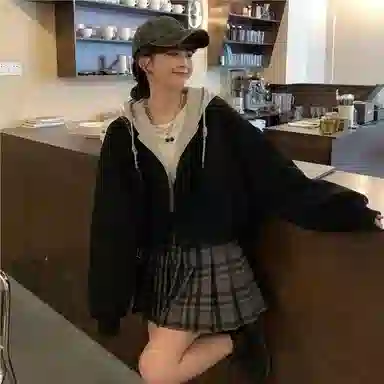 玉儿恋 春秋韩版学院风连帽假两件宽松显瘦百搭外套卫衣 女款