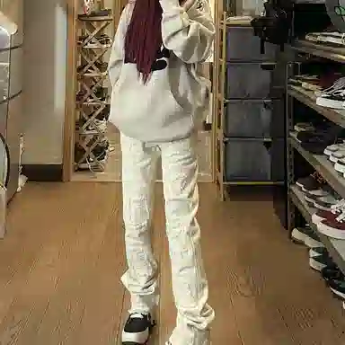 美式微喇复古水洗修身休闲长裤百搭潮流不规则破洞直筒垂感高街显高显腿长潮牌牛仔裤 男女同款