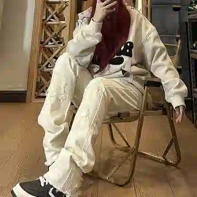美式微喇复古水洗修身休闲长裤百搭潮流不规则破洞直筒垂感高街显高显腿长潮牌牛仔裤 男女同款