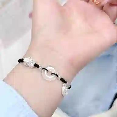 中国珠宝 招财平安扣手绳 新中式国潮转运纳福吞金兽优雅精致简约日常手工编织貔貅手饰 玉髓 手链 男女同款情侣款