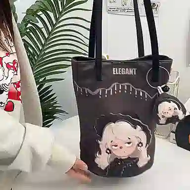 奥松 家用家居小众上班气质通勤百搭可爱布包小拎包学生 绒面科技布 水桶包单肩包 男女同款情侣款 黑色高雅曼妙