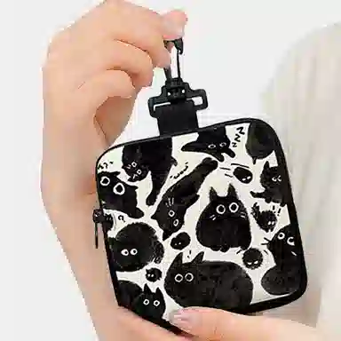 奥松 家用家居布艺小方包钥匙卡包挂饰小包学生 帆布 帆布包零钱包 男女同款情侣款 黑喵团团