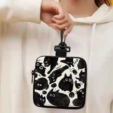 奥松 家用家居布艺小方包钥匙卡包挂饰小包学生 帆布 帆布包零钱包 男女同款情侣款 黑喵团团