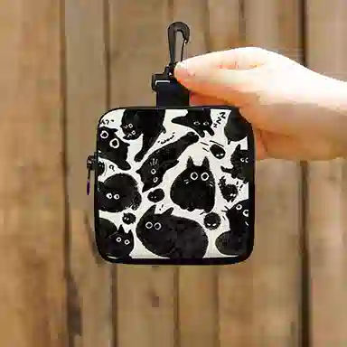 奥松 家用家居布艺小方包钥匙卡包挂饰小包学生 帆布 帆布包零钱包 男女同款情侣款 黑喵团团