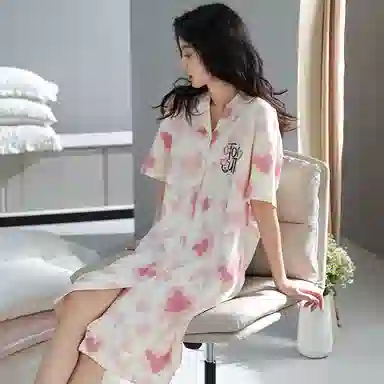 兰缪 纯棉法式性粉色爱心可爱卡通开衫睡裙 女款